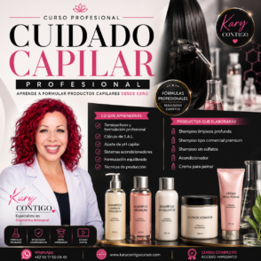 Portada profesional del curso de shampoo, acondicionador y crema para peinar con formulación profesional de Kary Contigo, mostrando productos capilares cosméticos, fórmulas profesionales, aprendizaje de tensioactivos, cálculo de pH y elaboración de productos capilares.